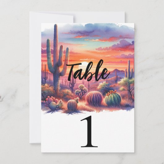 Numéro de table aquarelle Coucher de soleil désert (Devant)