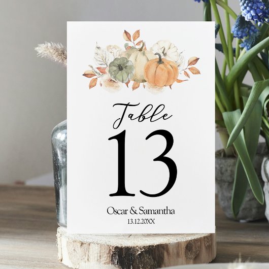 Numéro De Table Aquarelle d'automne Citrouilles et fleurs
