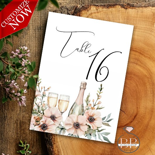 Numéro De Table Aquarelle de champagne et de Fleur sauvage