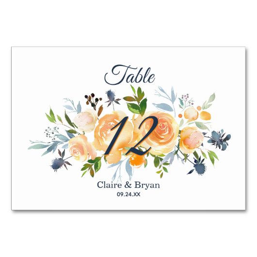 Numéro De Table Aquarelle de corail bleu marine Mariage floral (Devant)