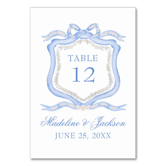 Numéro De Table Aquarelle Designer Blue Monogram Crest Mariage (Par défaut)