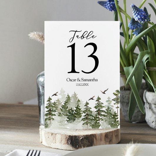 Numéro De Table Aquarelle d'hiver moderne Forêt verte avec neige