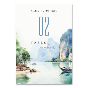 Numéro De Table Aquarelle douce Côte Thaïlande Mariage marin