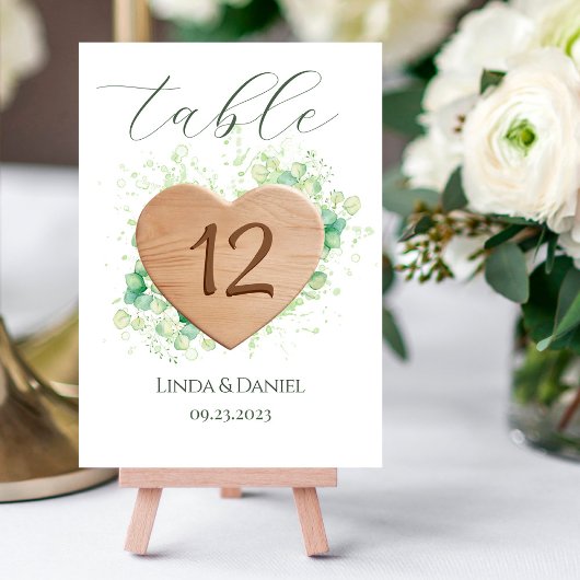 Numéro De Table Aquarelle du coeur en bois Eucalyptus Mariage rust