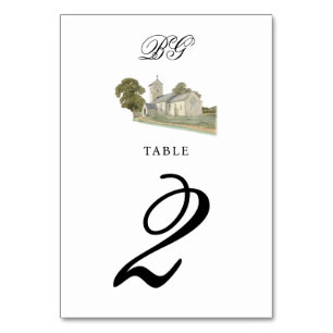 Numéro De Table Aquarelle Eglise traditionnelle Monogramme Mariage