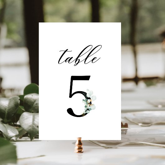 Numéro De Table Aquarelle Eucalyptus Script 5 Mariage