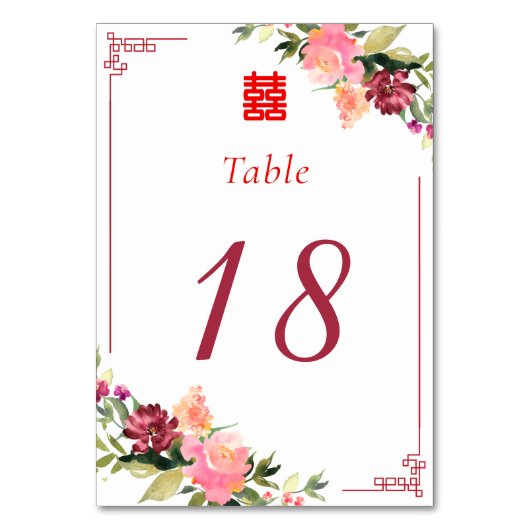 Numéro De Table Aquarelle fleur double xi cadre mariage chinois (Par défaut)