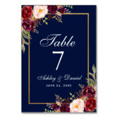 Numéro De Table Aquarelle Floral Bourgogne Bleu Mariage Or (Dos)
