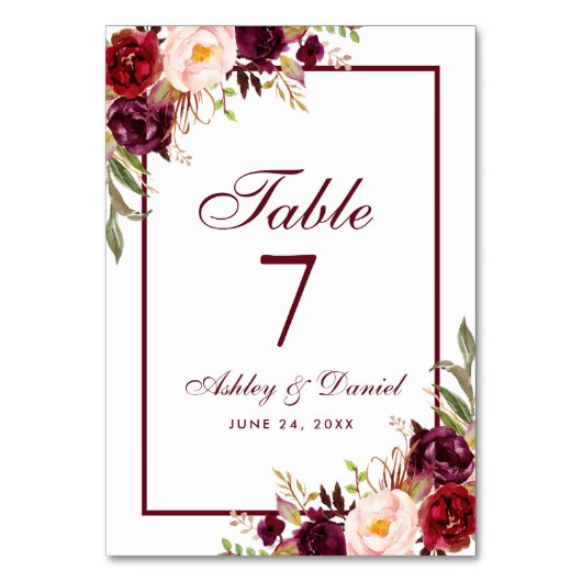 Numéro De Table Aquarelle Floral Bourgogne Mariage (Par défaut)