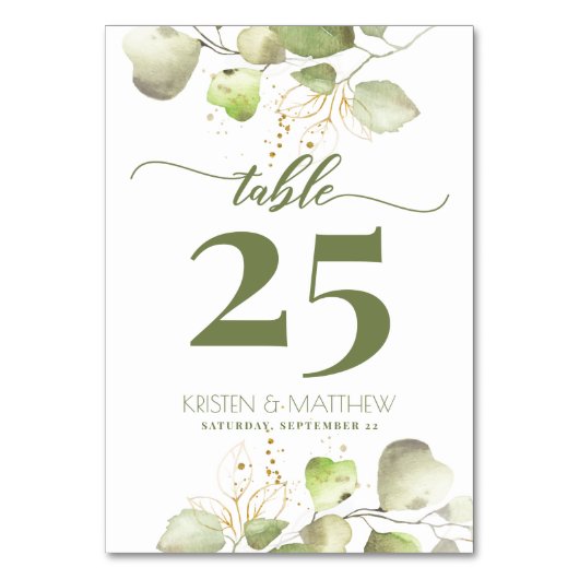 Numéro De Table Aquarelle Floral Élégant Vert et Or Mariage (Par défaut)