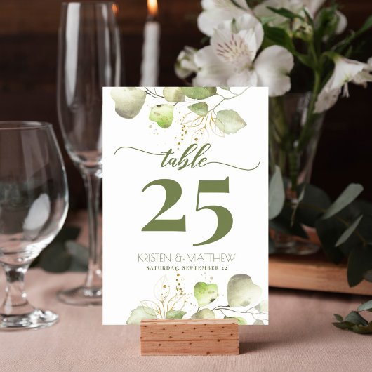 Numéro De Table Aquarelle Floral Élégant Vert et Or Mariage