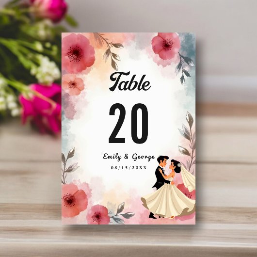 Numéro De Table Aquarelle Floral Mariage Et Groom Élégant Mariage