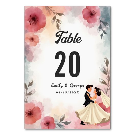 Numéro De Table Aquarelle Floral Mariage Et Groom Élégant Mariage (Dos)