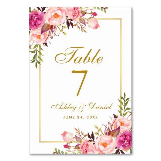 Numéro De Table Aquarelle Floral Rose Blush Mariage or (Dos)