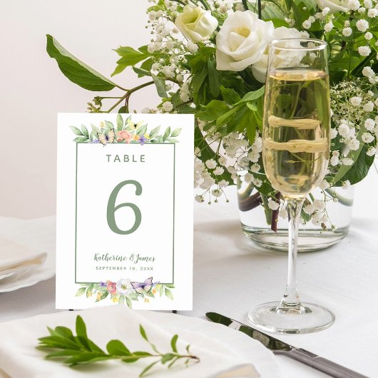 Numéro De Table Aquarelle Florale Papillons Mariage Sage Green