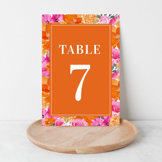Numéro De Table Aquarelle florale rose et orange Tableau 7 Mariage