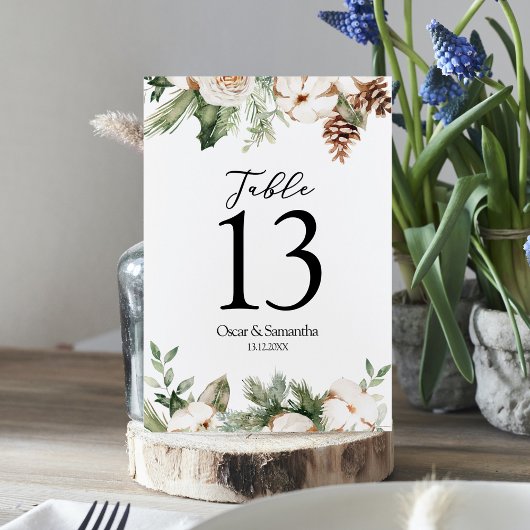 Numéro De Table Aquarelle Hiver Pin vert Arbre et Fleurs blanches