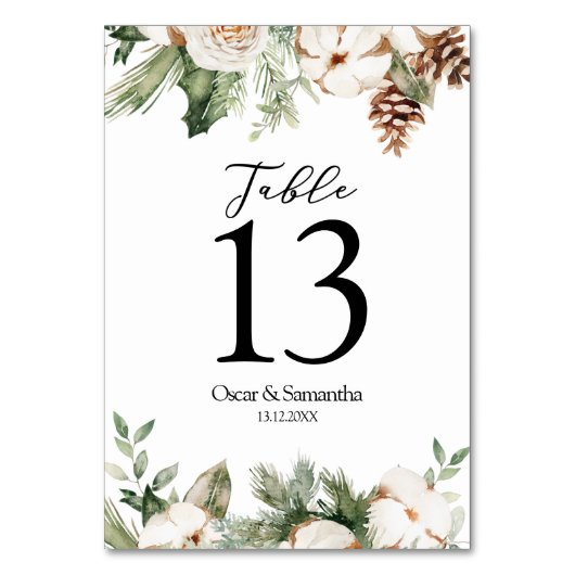 Numéro De Table Aquarelle Hiver Pin vert Arbre et Fleurs blanches (Dos)