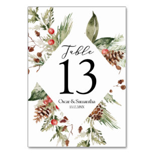 Numéro De Table Aquarelle Hiver Pine verte Arbre et Pine Cône