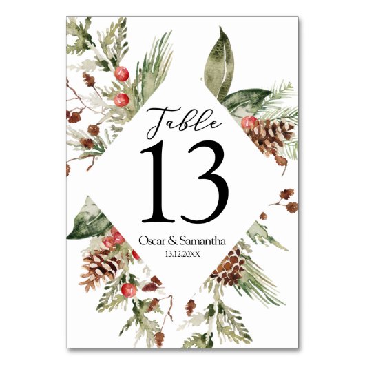 Numéro De Table Aquarelle Hiver Pine verte Arbre et Pine Cône (Dos)