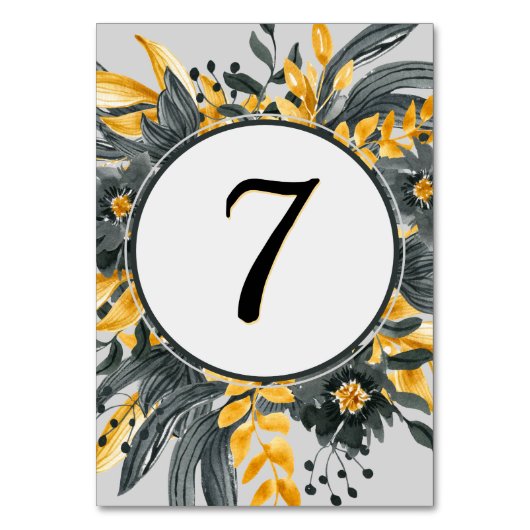 Numéro De Table Aquarelle jaune + gris Floral Mariage élégant (Par défaut)