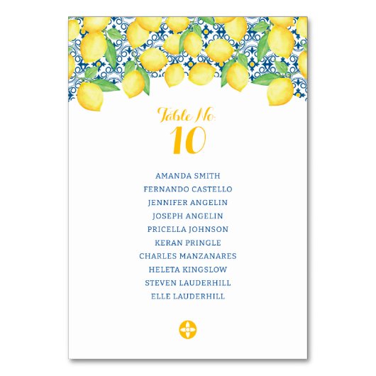 Numéro De Table Aquarelle Lemons Carrelage méditerranéen Mariage (Par défaut)