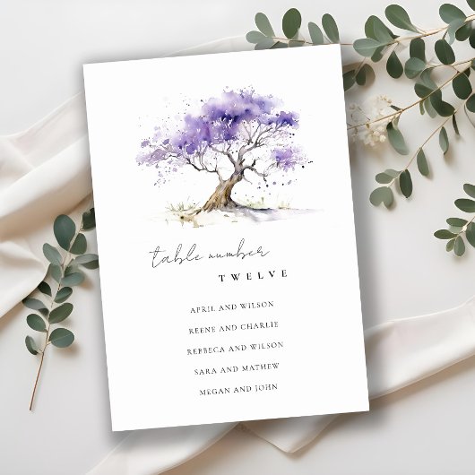 Numéro De Table Aquarelle minimale Lilac Jacaranda Mariage arbre