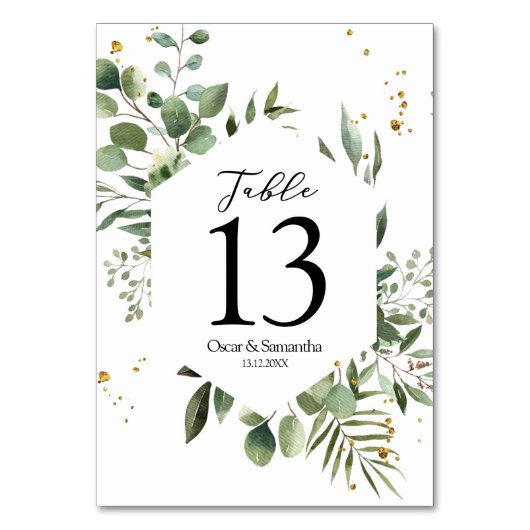 Numéro De Table Aquarelle moderne Vert Eucalyptus Cadre vert (Dos)