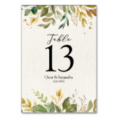 Numéro De Table Aquarelle moderne verte Feuilles et gouttes d'or (Dos)