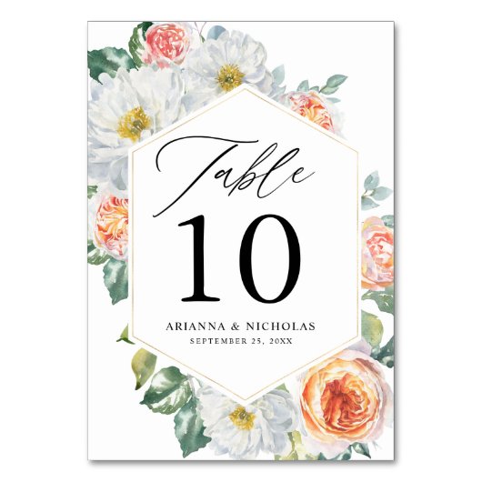 Numéro De Table Aquarelle Pêche & Blanc Floral Mariage Or Cadre (Par défaut)