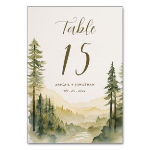 Numéro De Table Aquarelle Pine Tree Forest Mariage de montagne