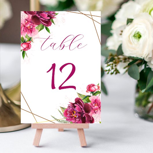 Numéro De Table Aquarelle Pink Peonies Faux Gold Foil Rustique