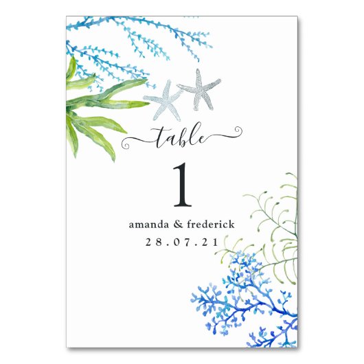 Numéro De Table Aquarelle Plage d'algues Mariage à thème (Dos)