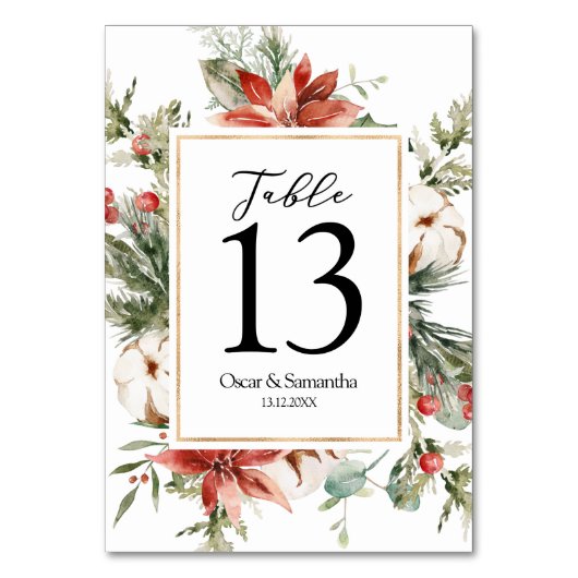 Numéro De Table Aquarelle Poinsétitie d'hiver et pin vert (Dos)