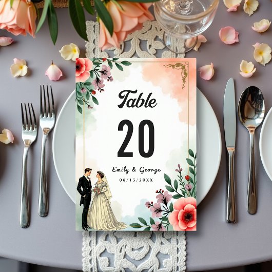 Numéro De Table Aquarelle romantique Floral Bride Et Mariage de ch