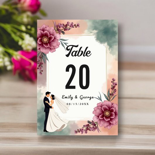 Numéro De Table Aquarelle romantique Floral Bride Et Mariage de ch