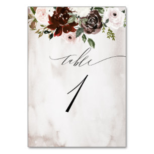 Numéro De Table Aquarelle rose de Bourgogne Floral No 1 Mariage