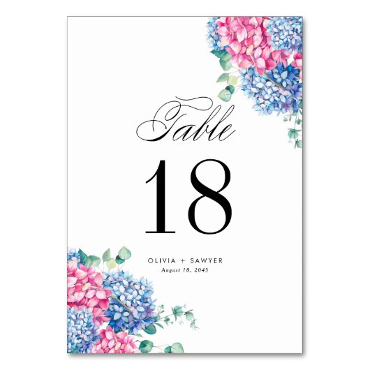 Numéro De Table Aquarelle rose et bleu Hydrangeas Mariage (Dos)