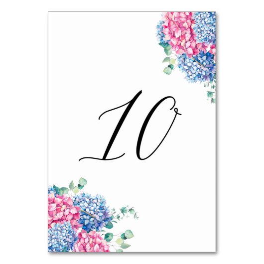 Numéro De Table Aquarelle Rose et Bleu Hydrangeas Tableau 10 (Dos)