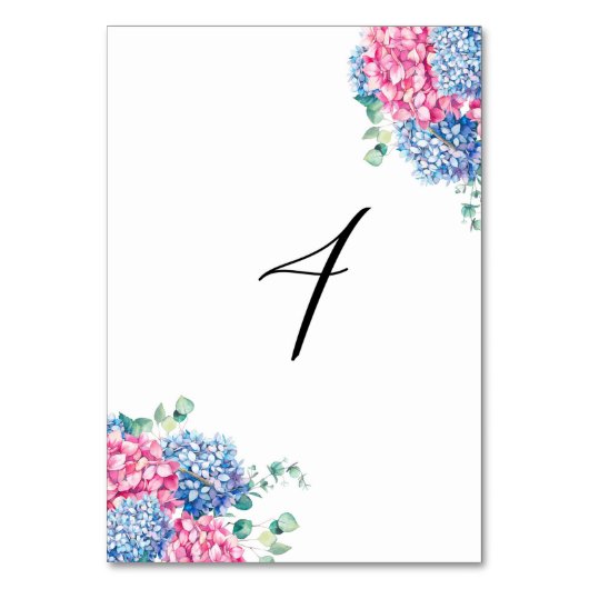 Numéro De Table Aquarelle rose et bleu Hydrangeas Tableau 4 (Dos)