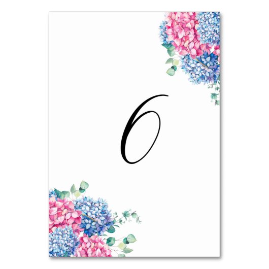 Numéro De Table Aquarelle rose et bleu Hydrangeas Tableau 6 (Dos)