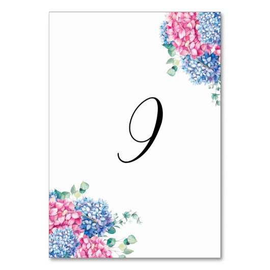 Numéro De Table Aquarelle rose et bleu Hydrangeas Tableau 9 (Par défaut)