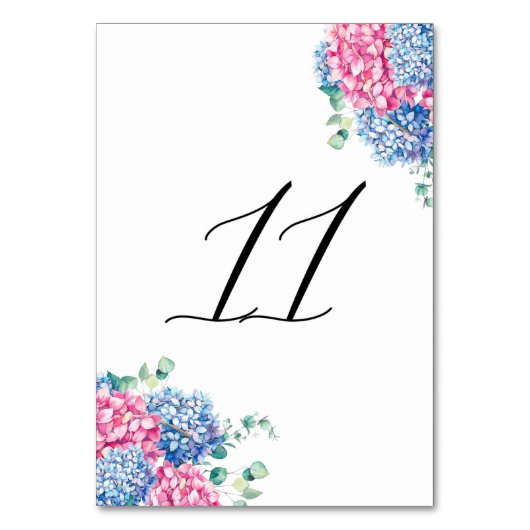 Numéro De Table Aquarelle rose et bleu Hydrangée Tableau 11 (Dos)