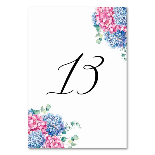 Numéro De Table Aquarelle rose et bleu Hydrangée Tableau 13 (Dos)