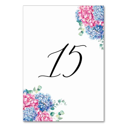 Numéro De Table Aquarelle rose et bleu Hydrangée Tableau 15 (Dos)