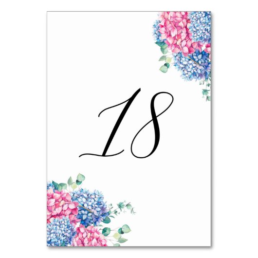 Numéro De Table Aquarelle rose et bleu Hydrangée Tableau 18 (Dos)