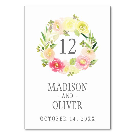 Numéro De Table Aquarelle rose et jaune couronne florale | MARIAGE (Dos)