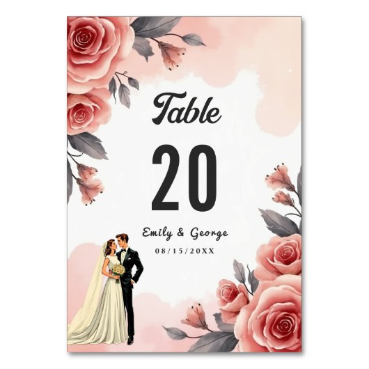 Numéro De Table Aquarelle rose pâle Floral Bride & Mariage de cham (Dos)