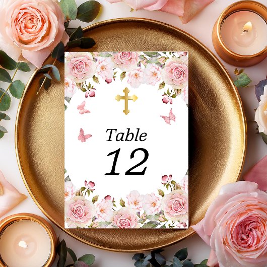 Numéro De Table Aquarelle rose Papillons floraux et croix