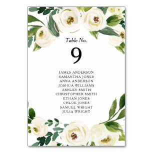 Numéro De Table Aquarelle Roses blanches Fleurs verdure Mariage